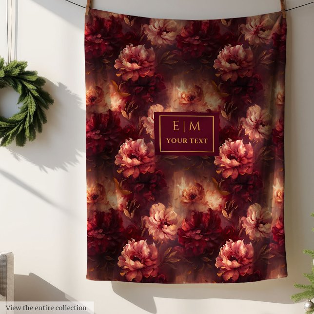 Couverture Polaire Aquarelle florale d'or de Bourgogne (Stunning Blush Burgundy Gold Floral Watercolor Fleece Blanket )