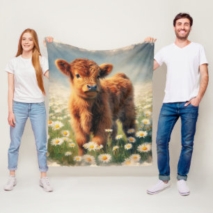 Couverture Polaire Aquarelle Highland Cow Calf Daisy Field