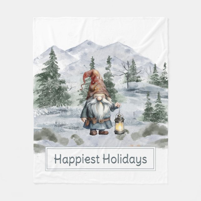 Couverture Polaire Aquarelle hiver Gnome de Noël (Devant)