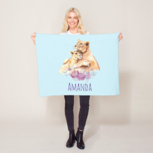 Couverture Polaire Aquarelle mignonne Mère Lion & Cub