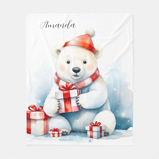 Couverture Polaire Aquarelle mignonne Ours blanc blanc Noël (Devant)