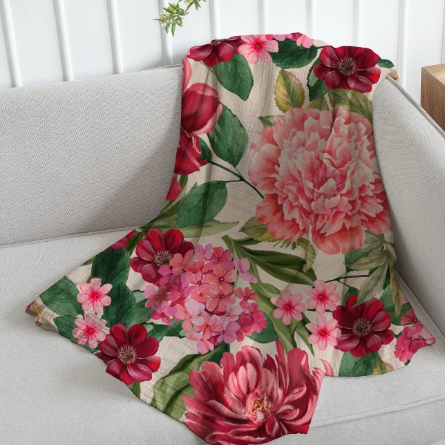 Couverture Polaire Aquarelle moderne vert botanique rose floral (Créateur téléchargé)