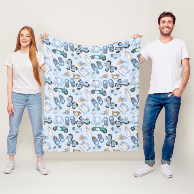 Couverture Polaire Aquarelle Motif bleu bébé avec jouets (En situation)
