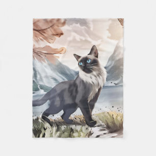 Couverture Polaire Aquarelle Noir et Blanc Fluffin Chat dans la natur