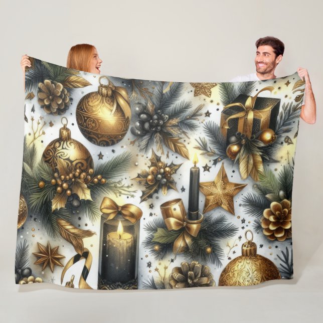 Couverture Polaire Aquarelle Noir Or Blanc Noël (En situation)