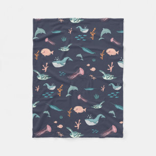 Couverture Polaire Aquarelle Océan Sea Animaux Motif bleu