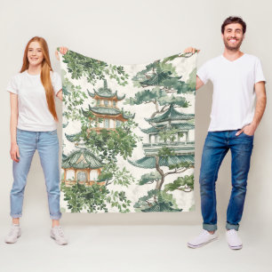 Couverture Polaire Aquarelle Pagode asiatique dans paysage verdoyant
