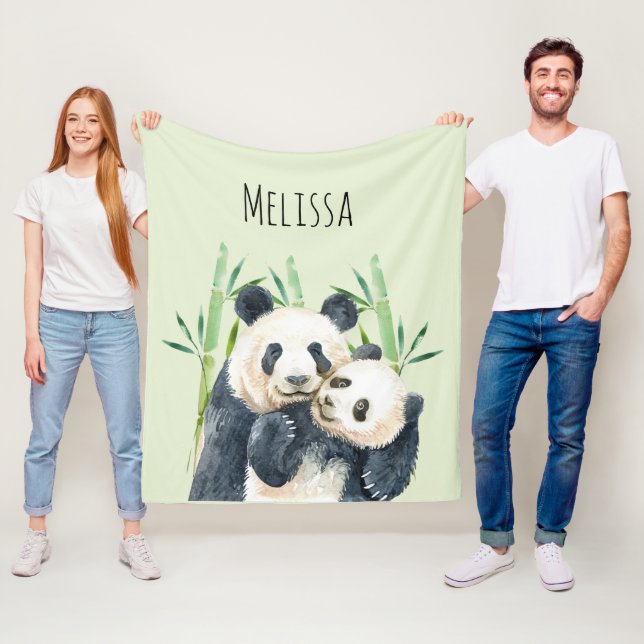 Couverture Polaire Aquarelle Panda Ours Maman & Bébé en Bambou (En situation)