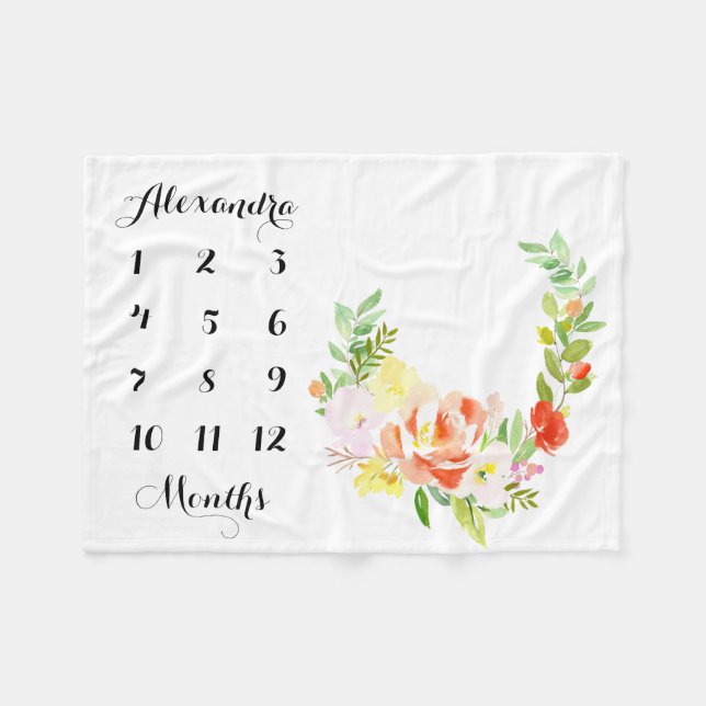 Couverture Polaire Aquarelle Peach Peonies Wreath Baby Milestone (Devant (Horizontal))