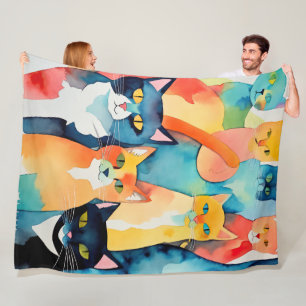 Couverture Polaire Aquarelle Peint Colorful Chat Collage