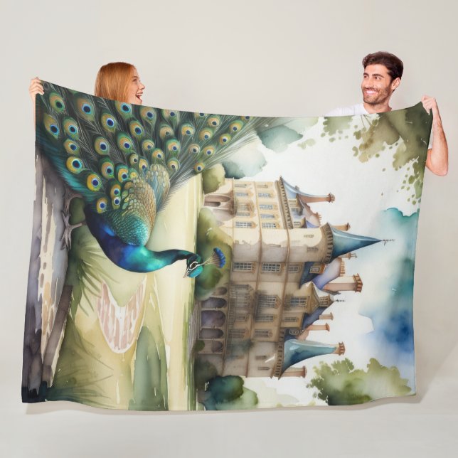 Couverture Polaire Aquarelle Peinture de Peacock et Château (En situation)