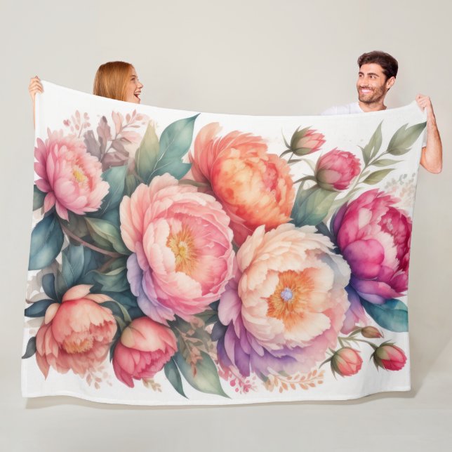 Couverture Polaire Aquarelle Peinture de pivoines roses (En situation)