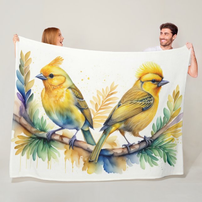 Couverture Polaire Aquarelle Peinture d'oiseaux jaunes (En situation)