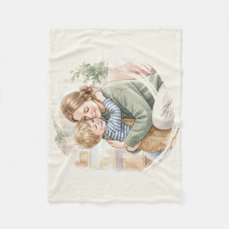 Couverture Polaire Aquarelle personnalisée d'une mère étreignant son 