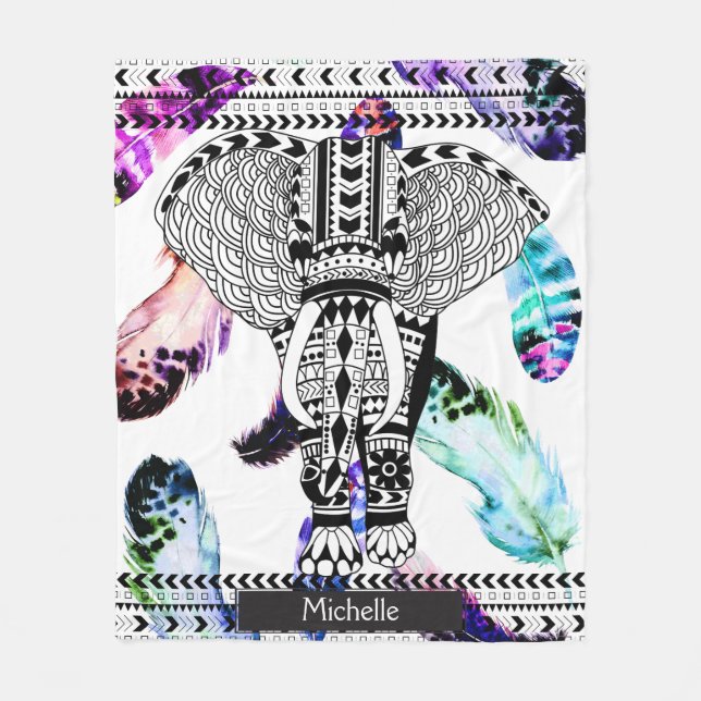 Couverture Polaire Aquarelle Plumes Éléphant à motif tribal (Devant)