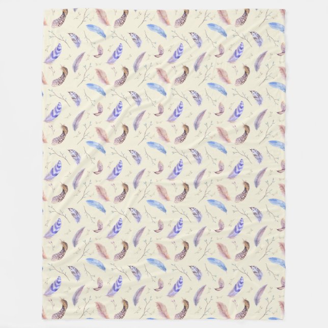 Couverture Polaire Aquarelle Plumes Feuilles et Branches Motif (Devant)