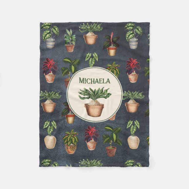 Couverture Polaire Aquarelle Pointée Plante Rustique Motif Noir Nom (Devant)
