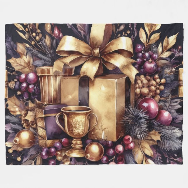 Couverture Polaire Aquarelle Purple et Gold Motifs de vacances Collag (Devant (Horizontal))