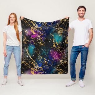 Couverture Polaire Aquarelle Rainbow & Black & Gold Marble Galaxy