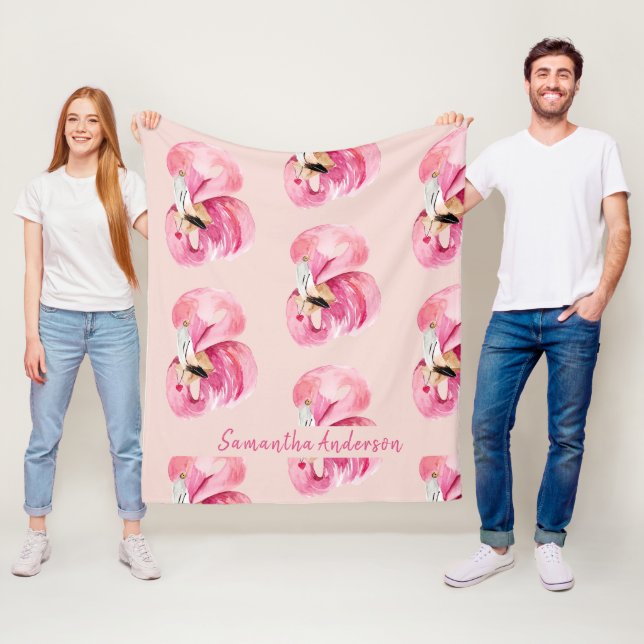 Couverture Polaire Aquarelle rose exotique Flamingo Motif et nom (En situation)
