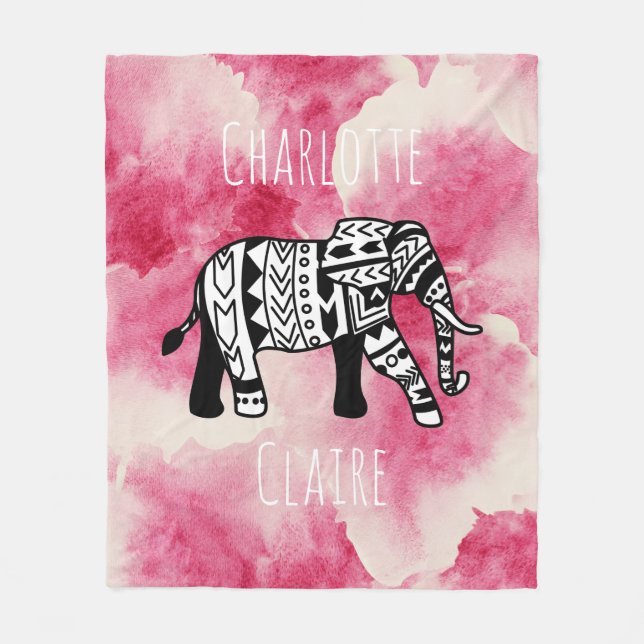 Couverture Polaire Aquarelle rose Fille Tribe noire & blanche Elephan (Devant)
