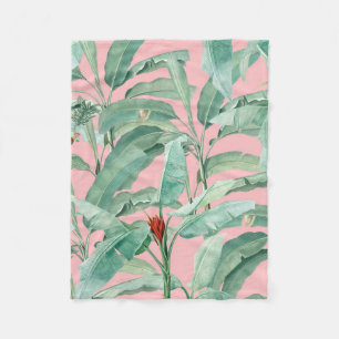Couverture Polaire Aquarelle rose moderne Tropical Banana Palm Feuill