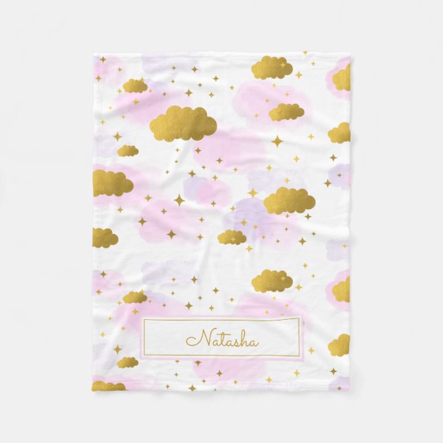 Couverture Polaire Aquarelle rose Nuages Gold Stars Sky (Devant)