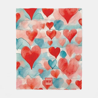 Couverture Polaire Aquarelle rouge, bleu, doux, coeurs roses monogram