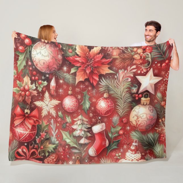 Couverture Polaire Aquarelle Rouge Motifs de Noël Oiseaux de vacances (En situation)
