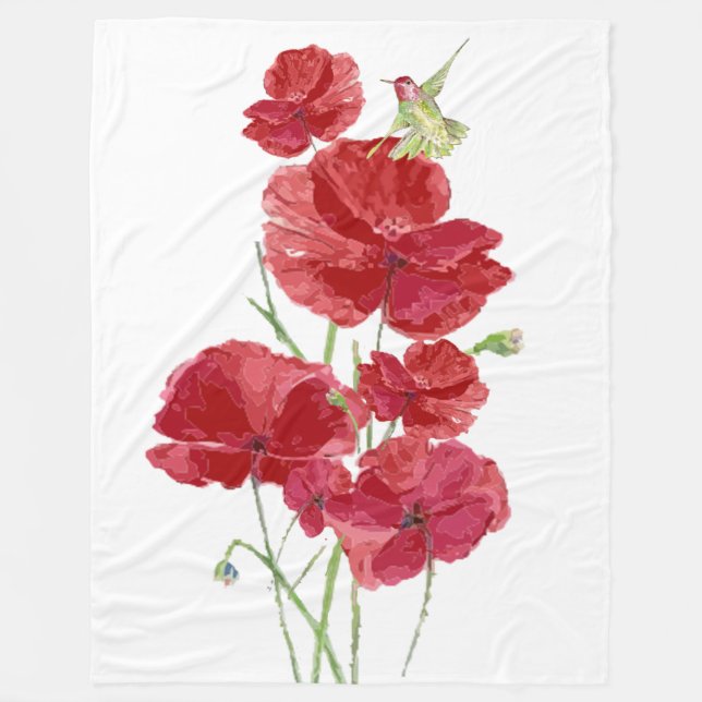 Couverture Polaire Aquarelle Rouge Poppies Fleurs Oiseau de colibri (Devant)