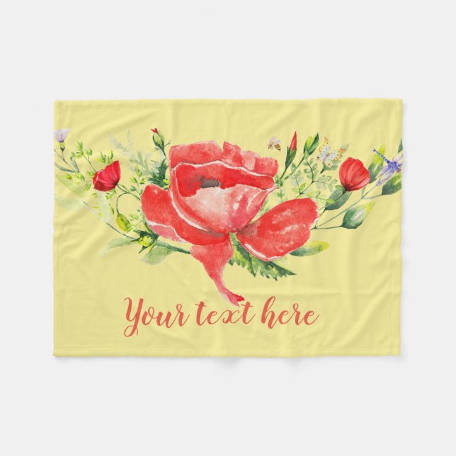 Couverture Polaire Aquarelle Rouge Poppies Personnalisé (Devant (Horizontal))