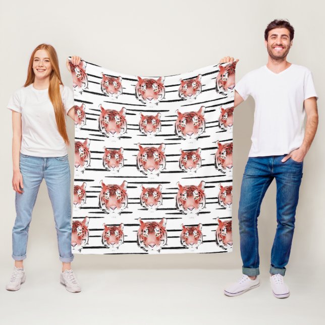 Couverture Polaire Aquarelle rouge Tigre Gris noirs Zodiac Animal (En situation)