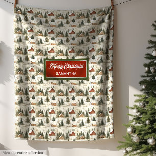 Couverture Polaire Aquarelle Russe Noël Cottagecore Village