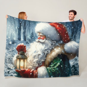 Couverture Polaire Aquarelle Santa Claus Noël Neige Forêt