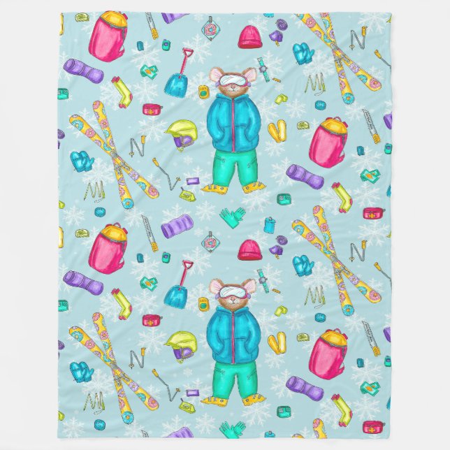 Couverture Polaire Aquarelle Ski Pika avec engrenage sur la neige ble (Devant)