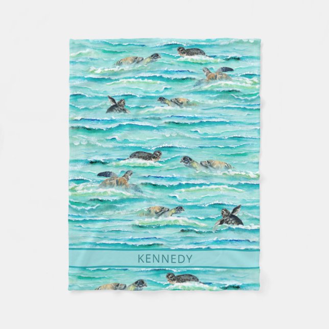 Couverture Polaire Aquarelle Tortues marines Océan Turquoise Personna (Devant)
