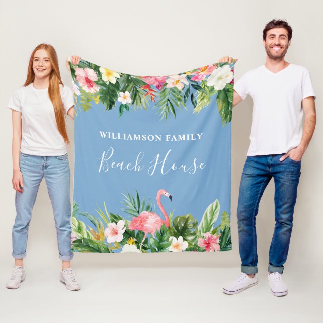Couverture Polaire Aquarelle Tropical Floral Family Beach House Bleu (En situation)