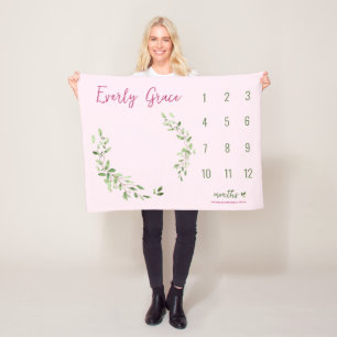 Couverture Polaire Aquarelle Vert Feuilles rose bébé fille jalon