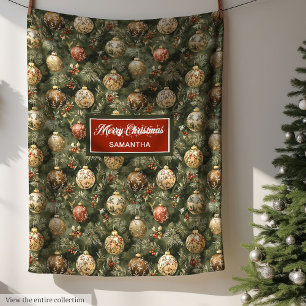 Couverture Polaire Aquarelle Vintage couleur neutre Sage Xmas Bauble