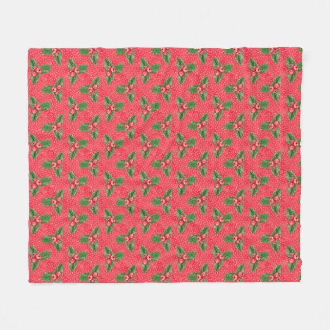 Couverture Polaire Aquarelle Vintage Festive Holly (Devant (Horizontal))