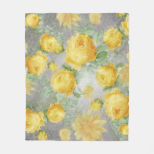 Couverture Polaire Aquarelle vintage jaune et gris Floral