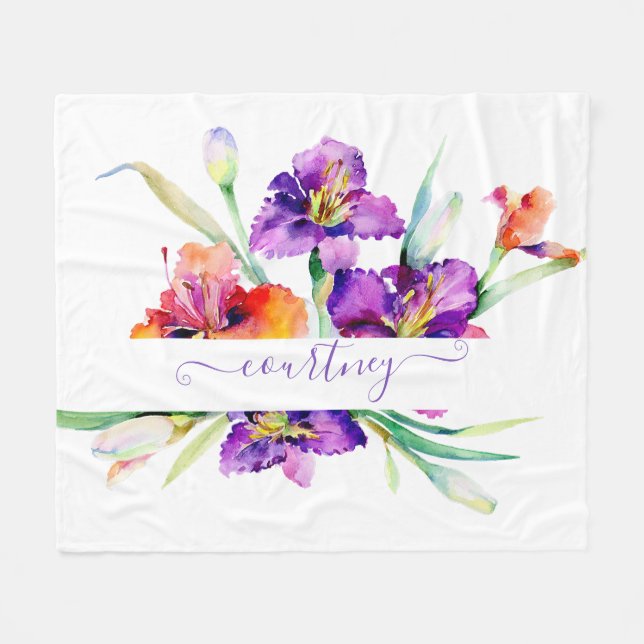 Couverture Polaire Aquarelle violette Iris personnalisée (Devant (Horizontal))