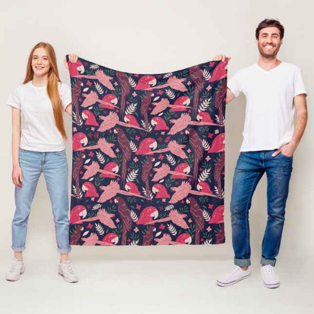 Couverture Polaire Ara Parrot rouge rose dessin Tropical Leave Motif (En situation)