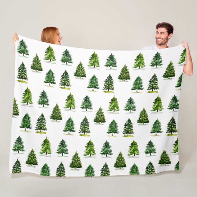 Couverture Polaire Arbres de Noël motif Festif Vert aquarelle (En situation)