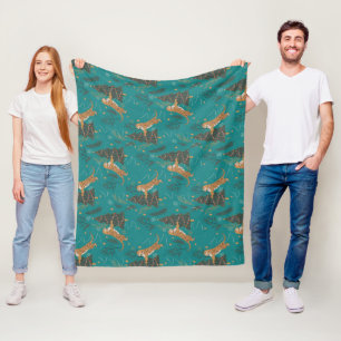 Couverture Polaire Arbres de Noël & tigres motif sur turquoise