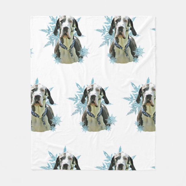 Couverture Polaire Arlequin grand Danois dans les flocons de neige (Devant)