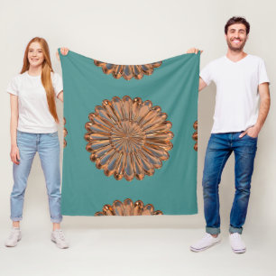 Couverture Polaire Art déco cuivre et fleur turquoise élégant