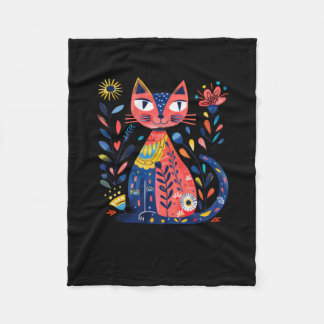 Couverture Polaire Art Folk Coloré Illustration De Chat Avec L'Ele Fl