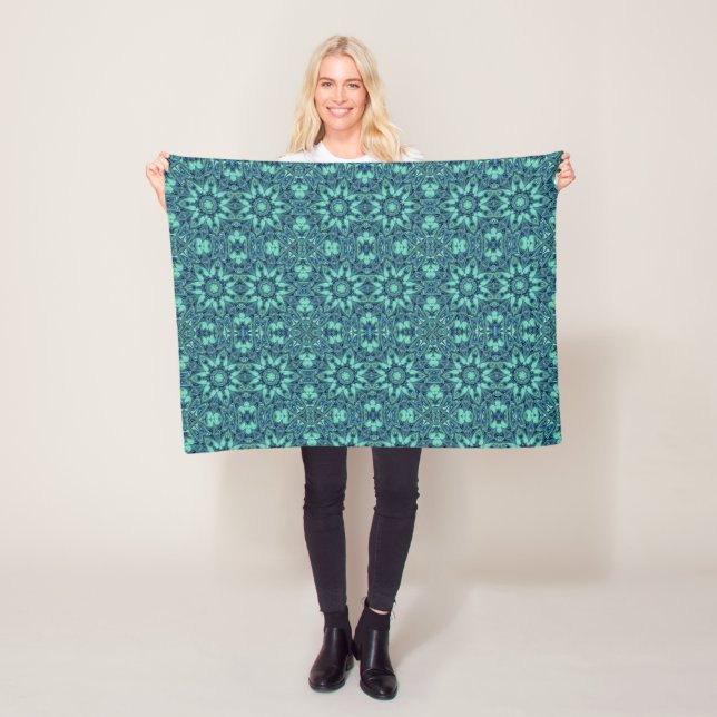 Couverture Polaire Art géométrique bleu vert turquoise polaire (En situation)