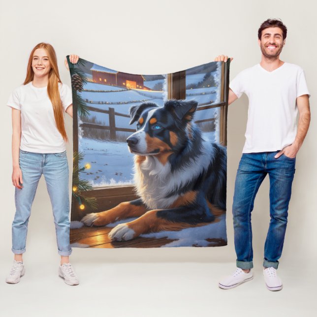 Couverture Polaire Australian Shepherd With Christmas Lights Holiday (En situation)
